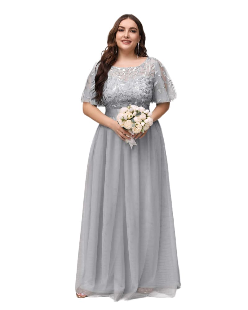 Front of a model wearing a size 24 Sequin Leaf Floor-length Evening Dress in Grey by Ever-Pretty. | dia_product_style_image_id:285714